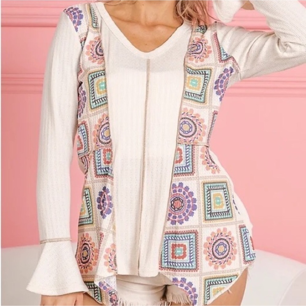 Beige embroidered abstract bell sleeve top! By Anthropologie. Slimming effect!